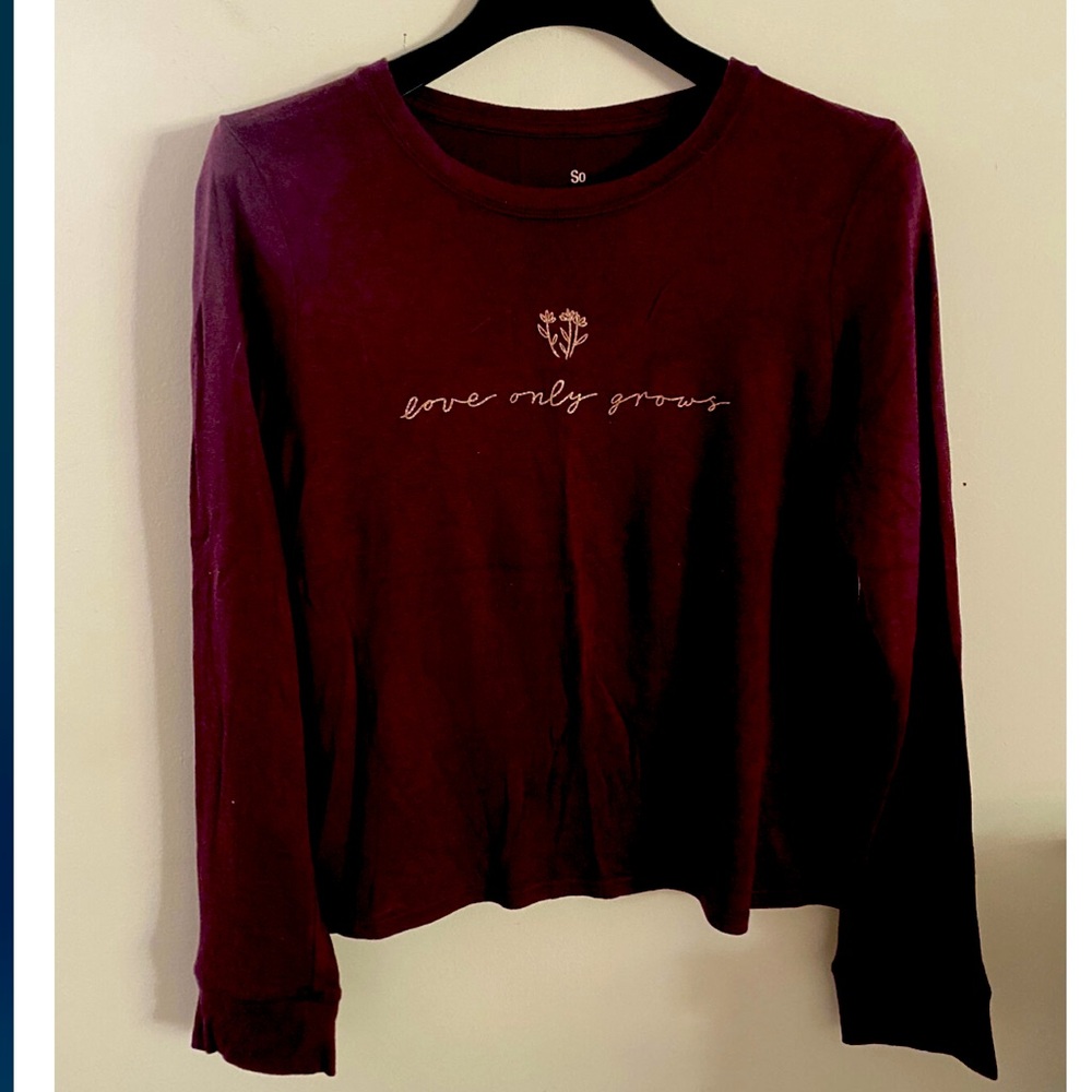 So Brand Girls size 8 Cranberry Long Sleeve Shirt with Gold Writing
